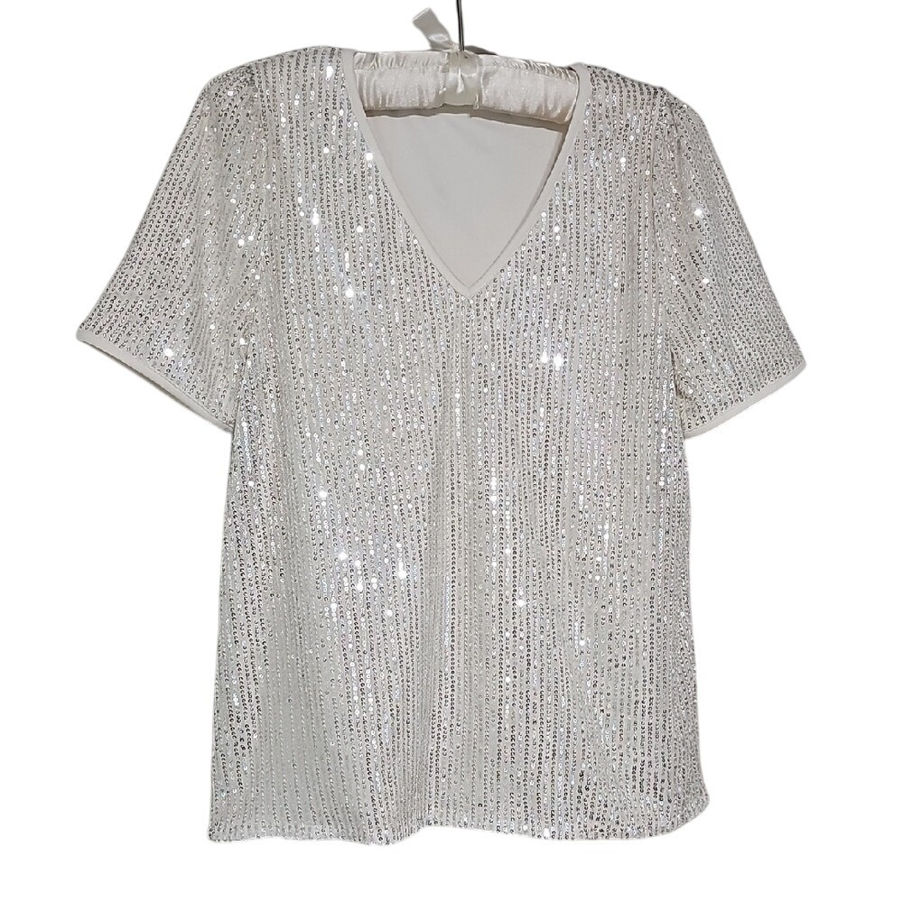 White Blouse Sequin Embellished V-neck Top Cocktail Party Size S‎ EUC